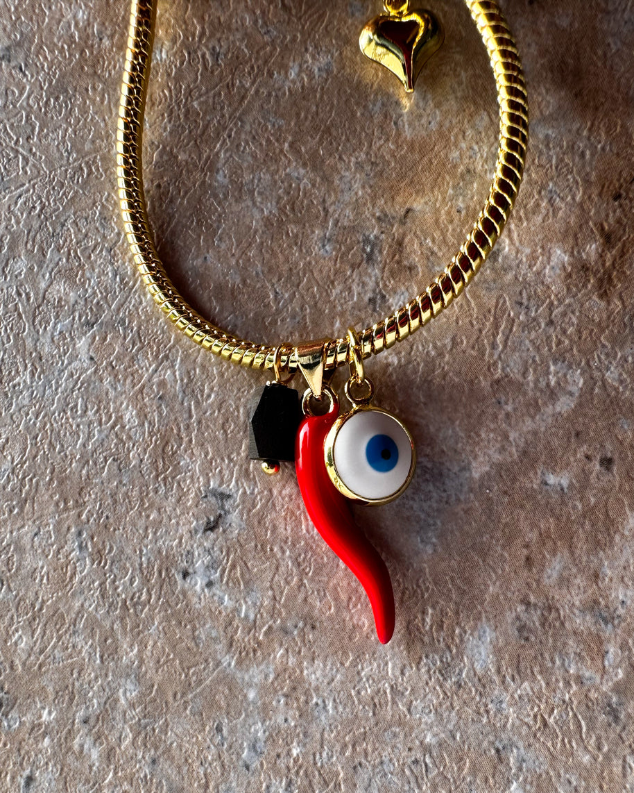 Red Horn + Azabache + Evil Eye Charms Bracelet