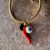 Red Horn + Azabache + Evil Eye Charms Bracelet