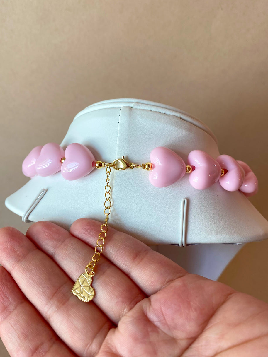 Pink Ceramic Hearts Pattern Necklace