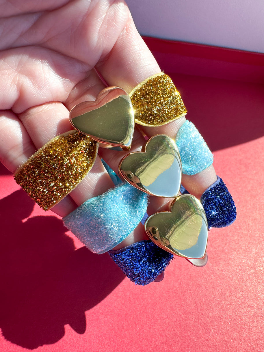 Brazaletes Elásticos Gold, Celeste y Azul Rey + Corazon Gold