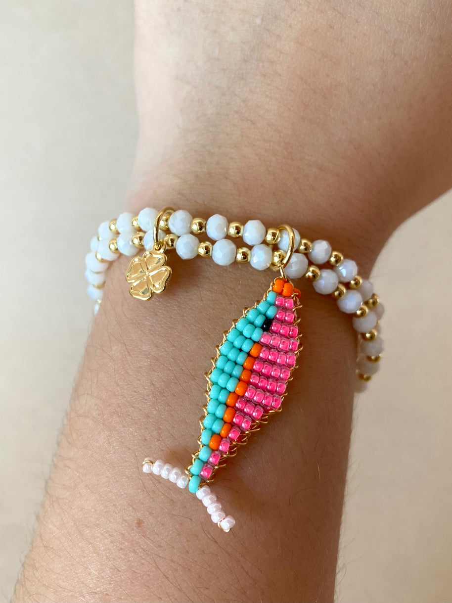 Pink and Blue Miyuki Fish Clover Elastic White Bracelet