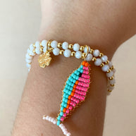 Pink and Blue Miyuki Fish Clover Elastic White Bracelet