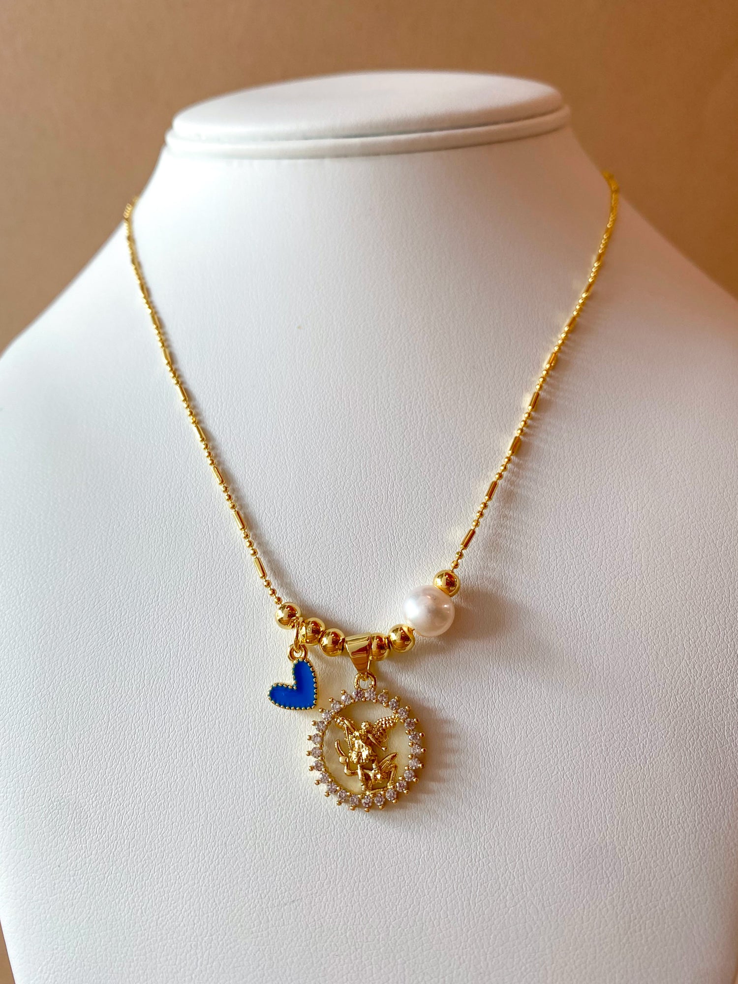 St. Miguel Arcángel, Blue Heart & Pearl Crystal Medal Adjustable Necklace
