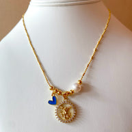 St. Miguel Arcángel, Blue Heart & Pearl Crystal Medal Adjustable Necklace