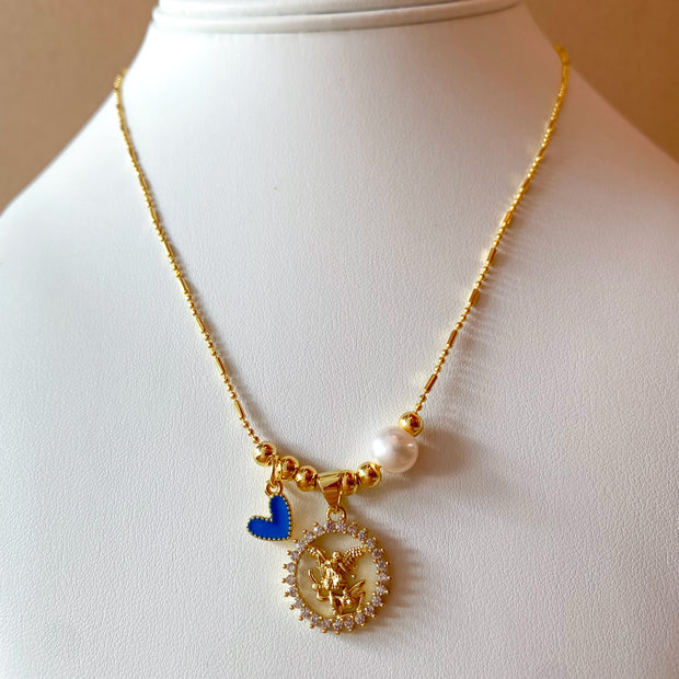St. Miguel Arcángel, Blue Heart & Pearl Crystal Medal Adjustable Necklace