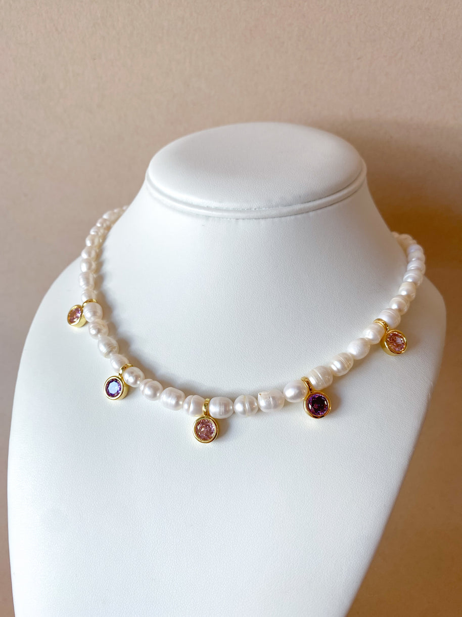 Pearls, Purple and Pink Crystals Necklace