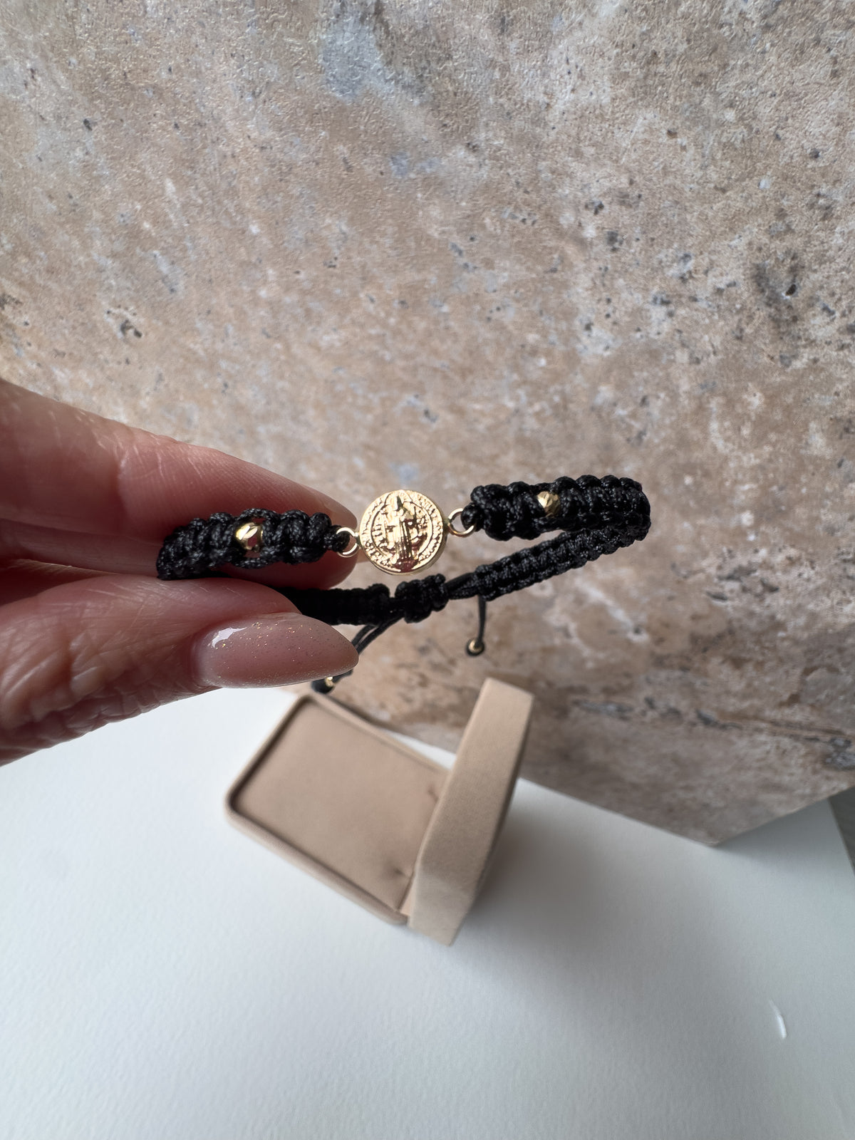 St Bendict 18K Solid Gold in Black String Bracelet