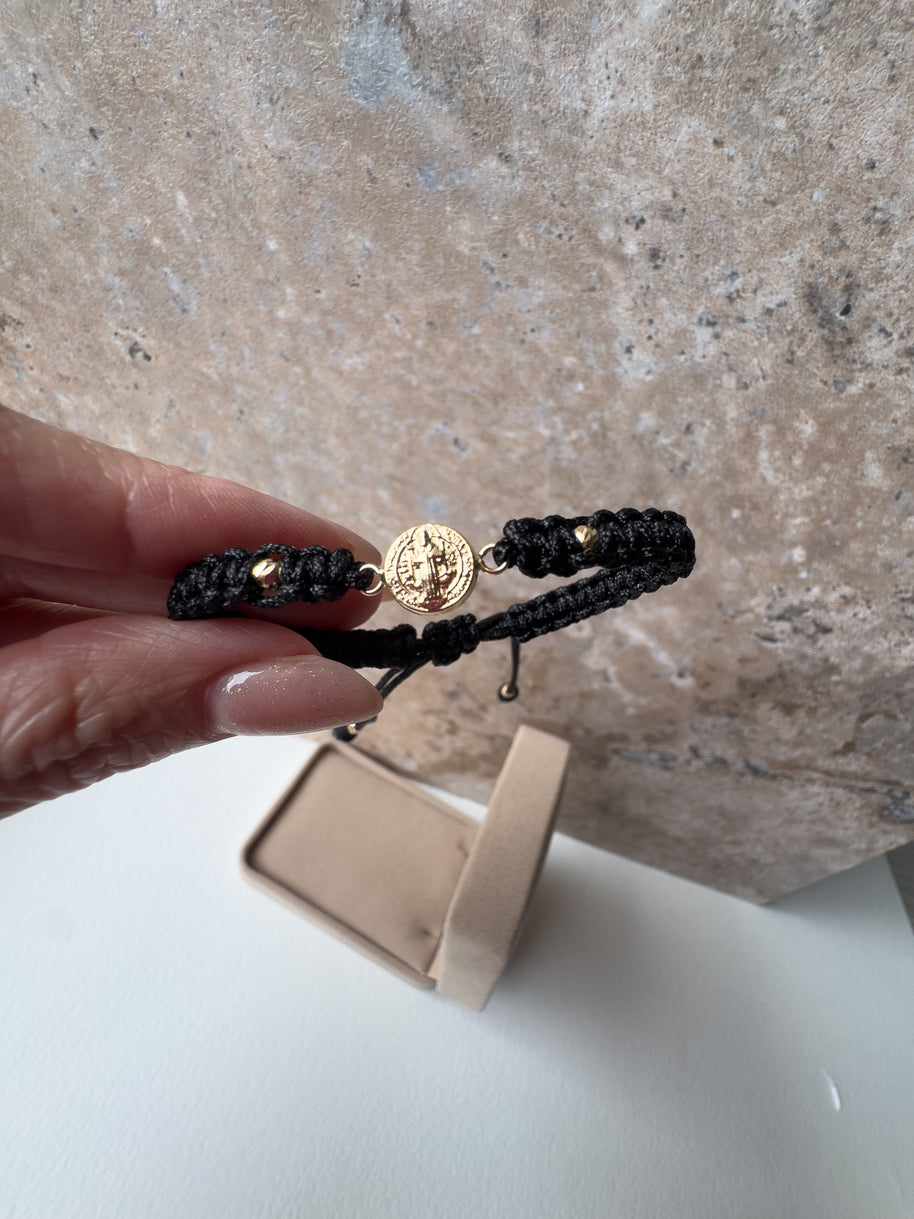 St Bendict 18K Solid Gold in Black String Bracelet