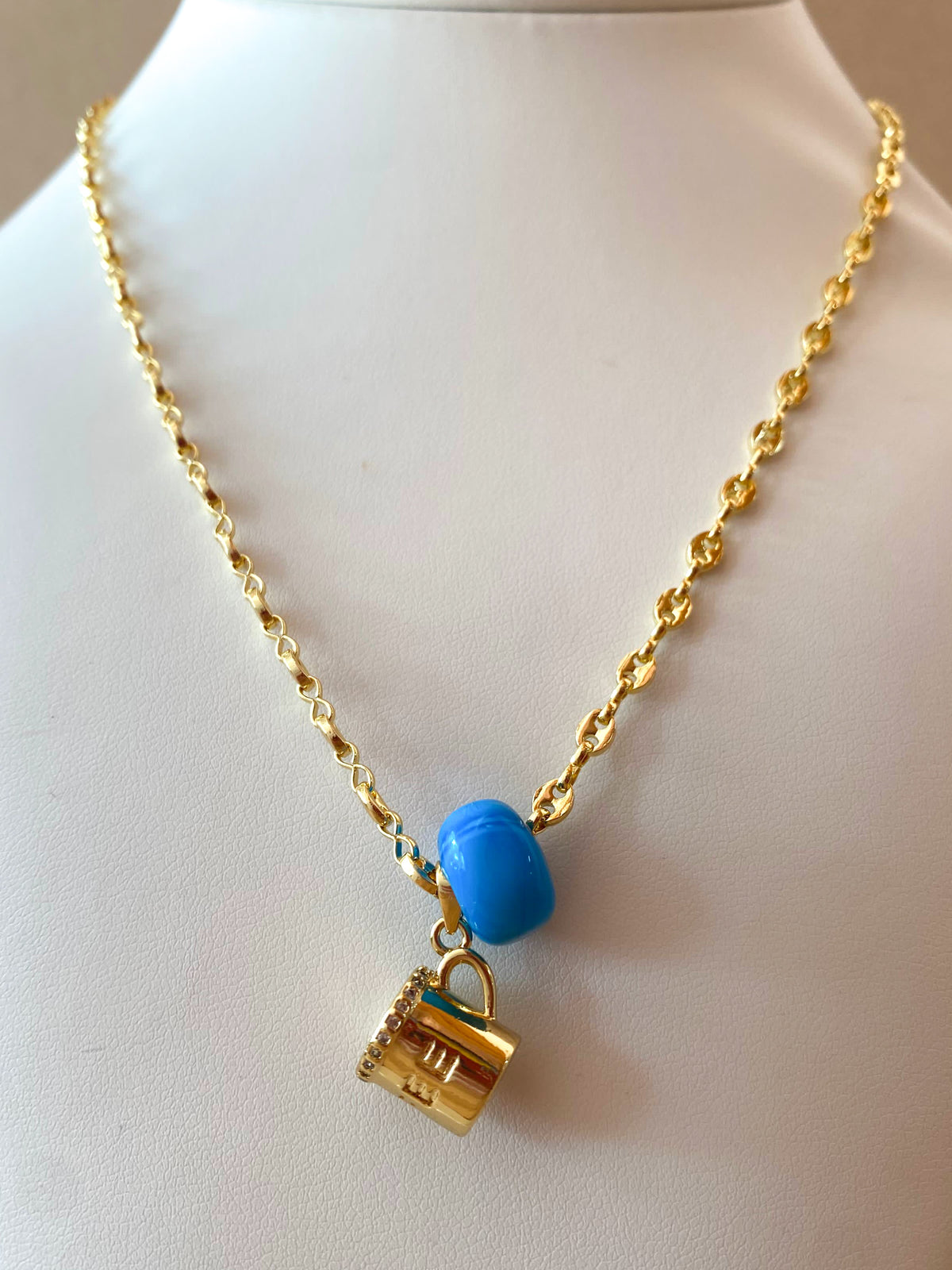 Coffee ☕️ Cup Charm & Blue Turkish Stone in Little Coffee Grain Necklace