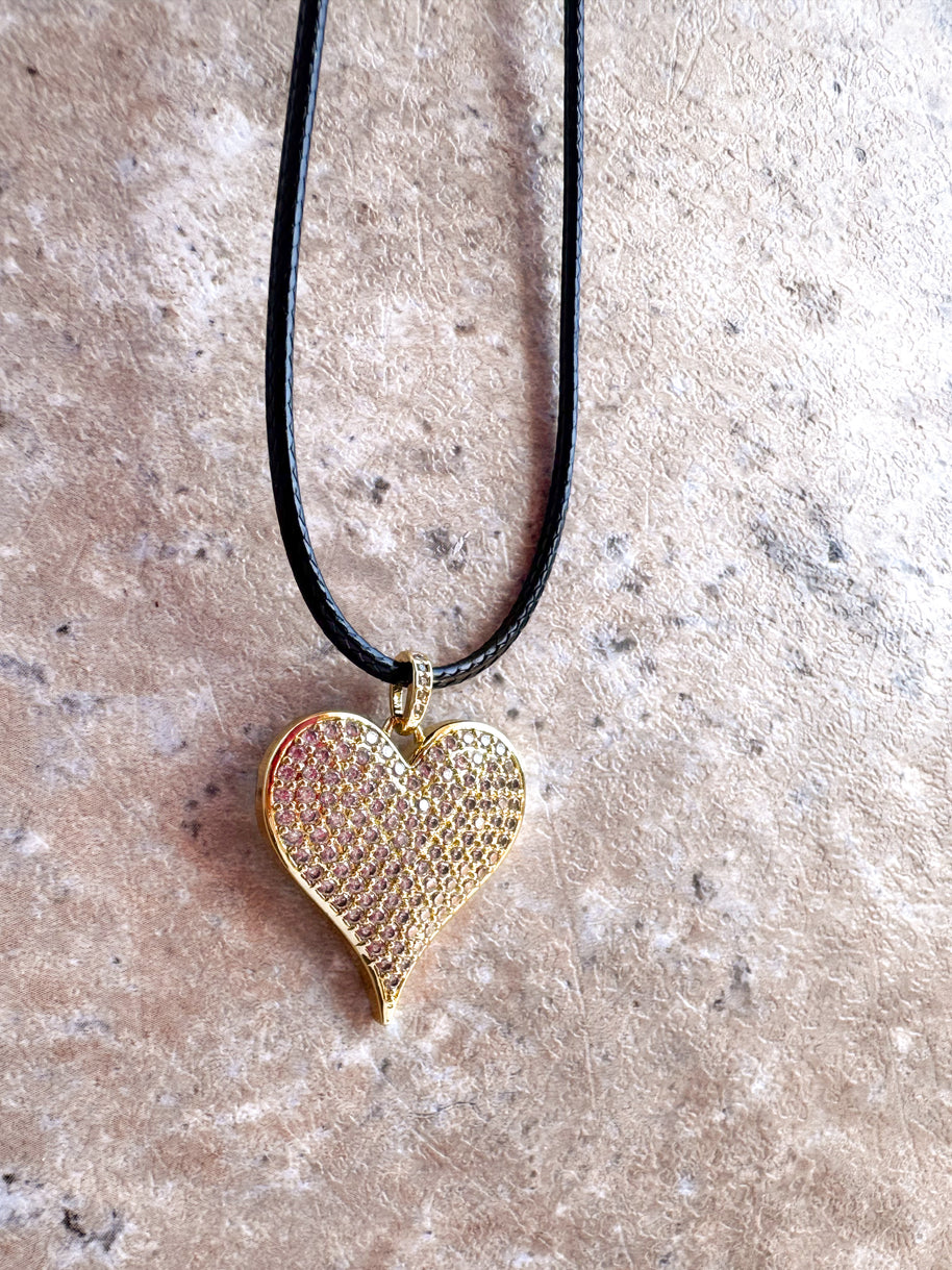 Shiny Hearts Black Leather Necklace