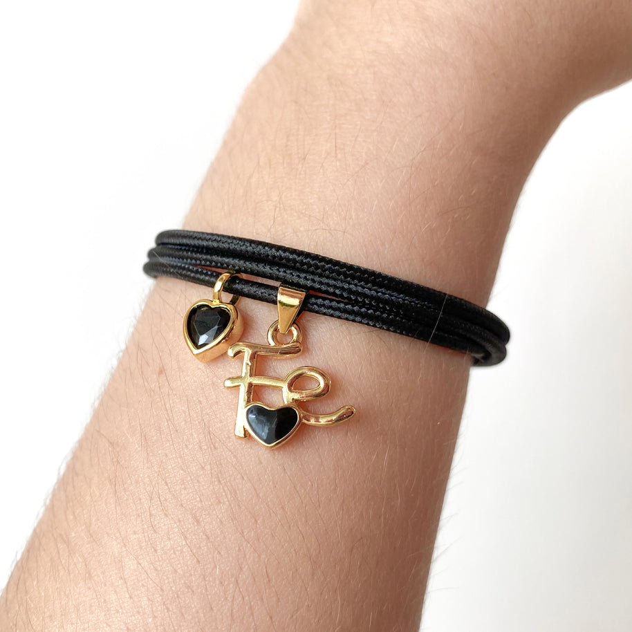 Adjustable Black Magnetic Cord Faith and Black Heart Crystal Bracelet/Necklace