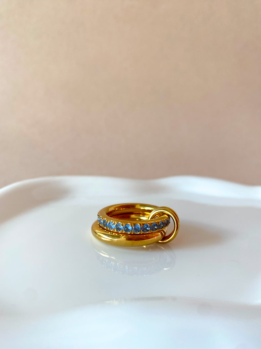 Double Golden and Blue Crystals Steel Ring