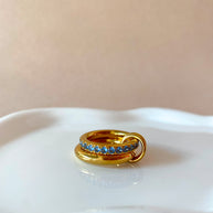 Double Golden and Blue Crystals Steel Ring