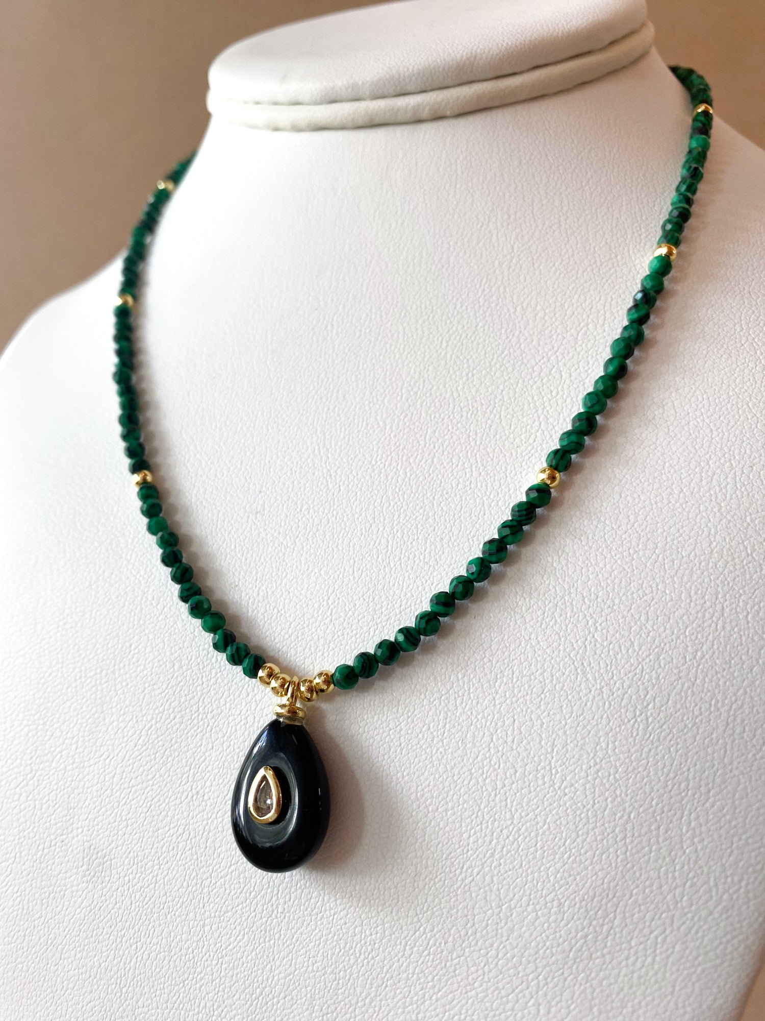 Black Quartz Circular Charms in Malachite Green Necklace
