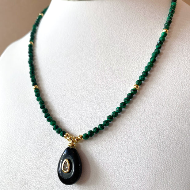 Black Quartz Circular Charms in Malachite Green Necklace
