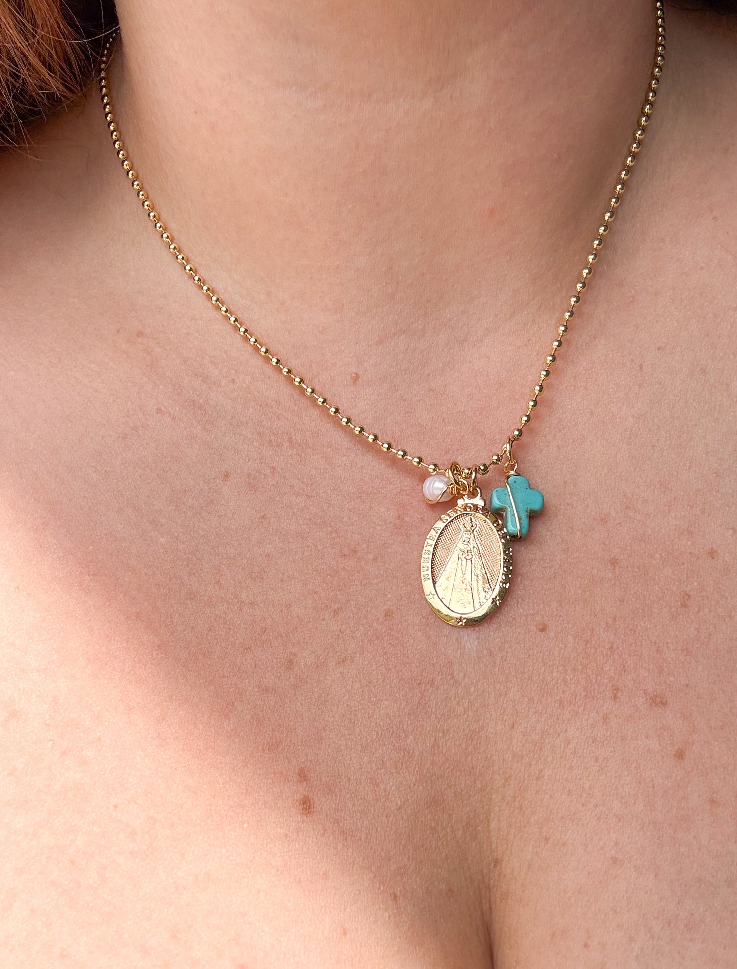 Cadena Virgen Del Valle Cruz Turquesa + Perla