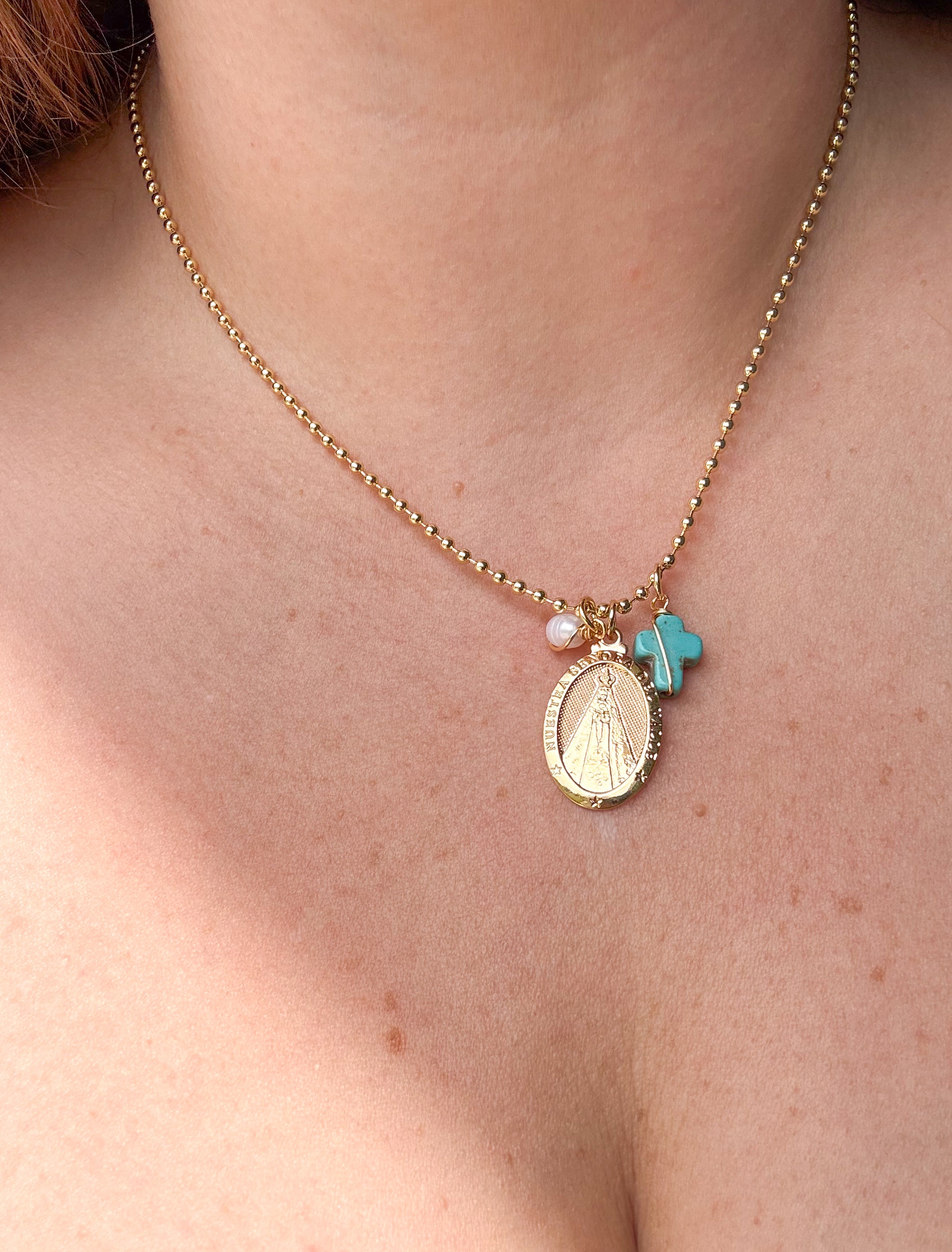 Cadena Virgen Del Valle Cruz Turquesa + Perla