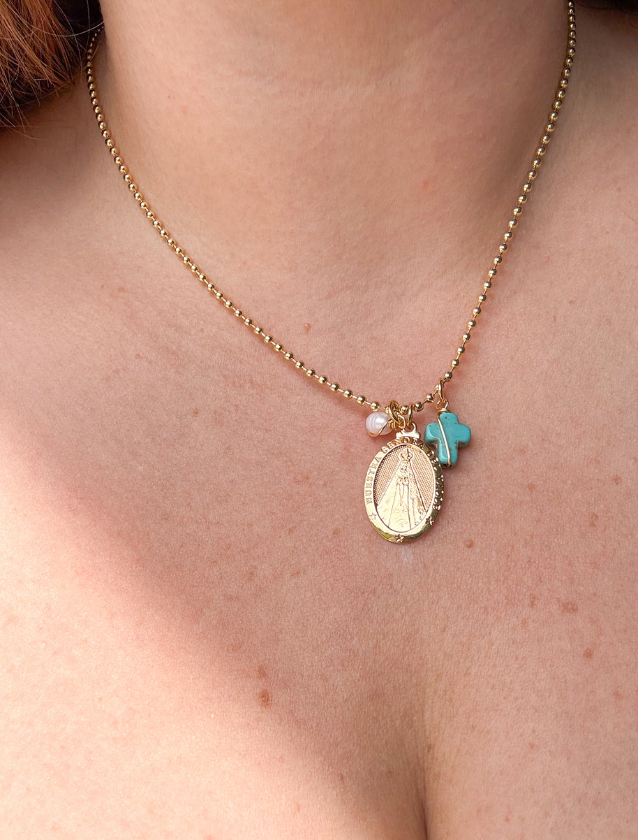 Cadena Virgen Del Valle Cruz Turquesa + Perla