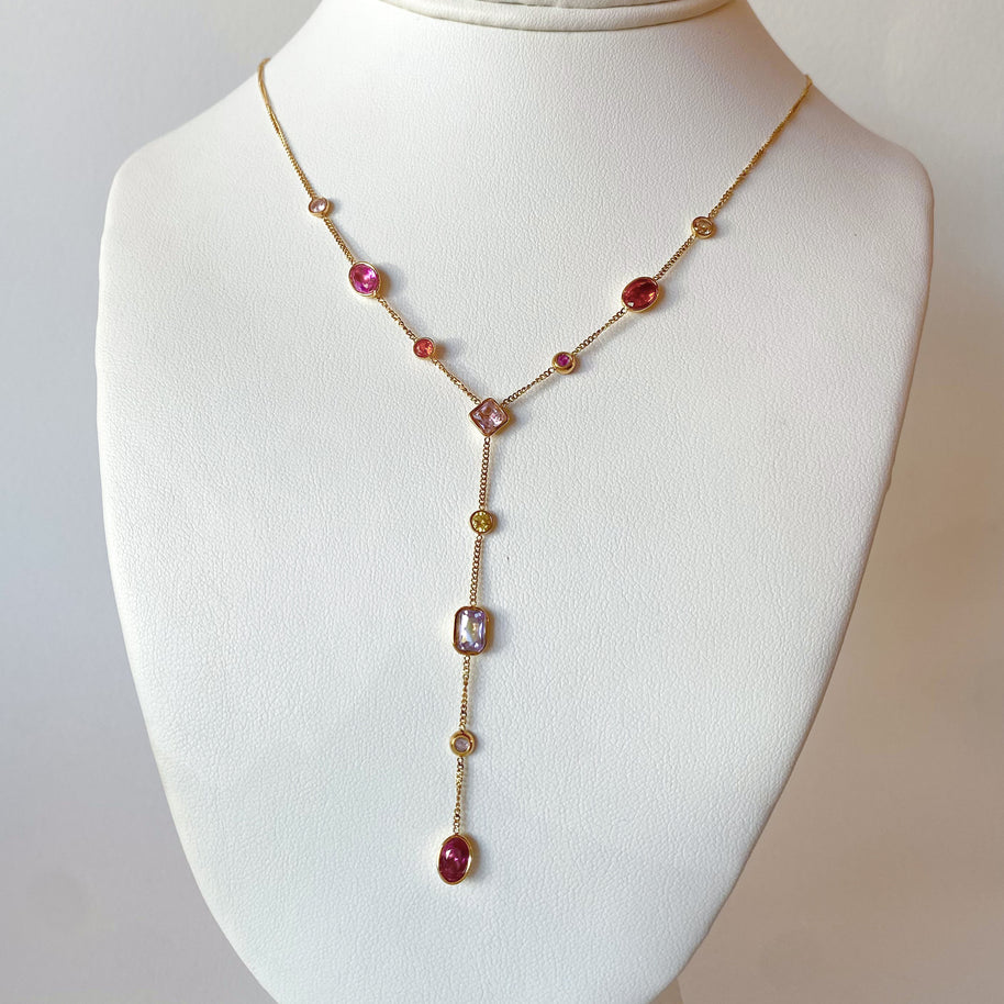 Multi-Gemstone Y Style Steel Necklace