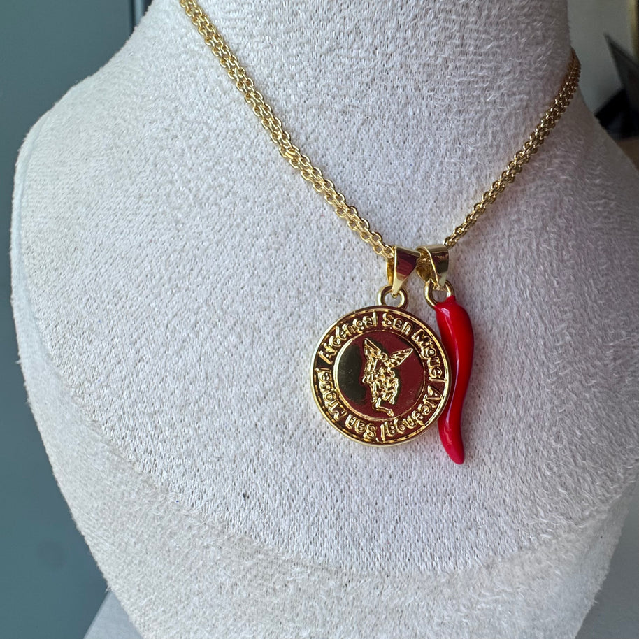St Miguel Arcangel Medal and Red Horn Chinese Fabric Chain Necklace