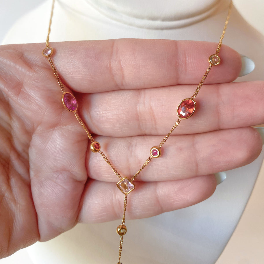 Multi-Gemstone Y Style Steel Necklace