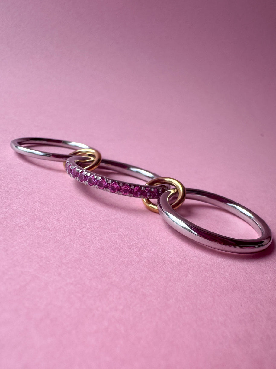 Silver & Gold Pink Crystal Steel Ring