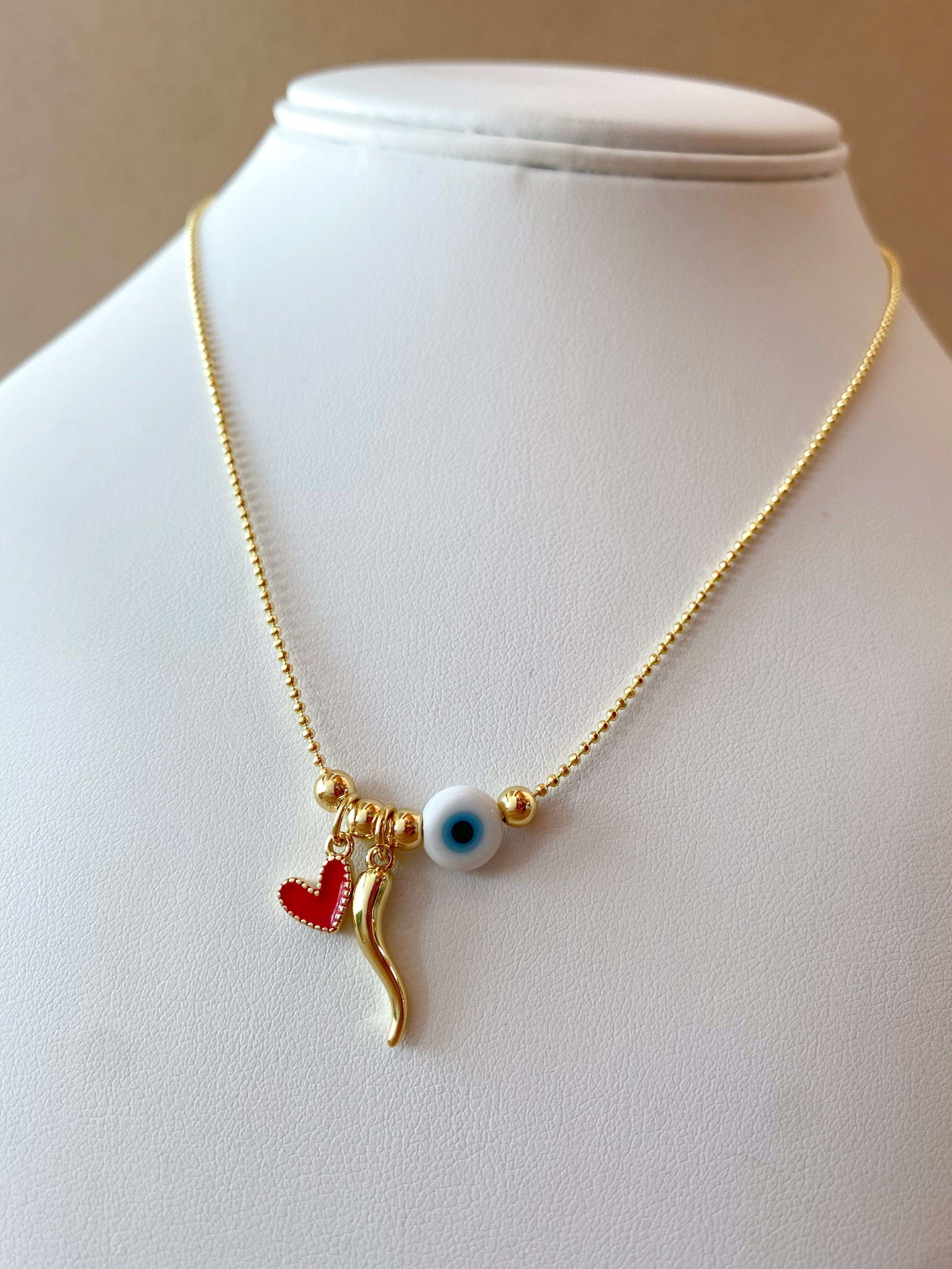 Red Heart, Golden Horn and Evil Eye Style Necklace
