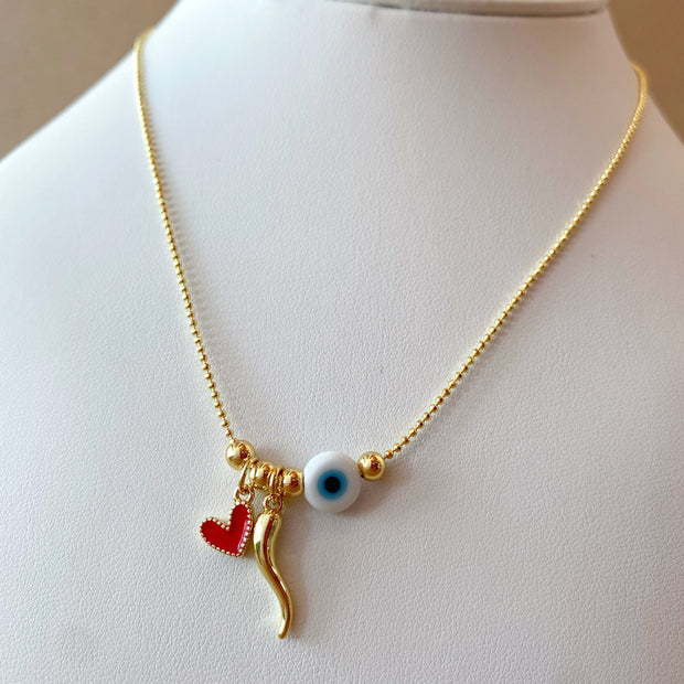 Red Heart, Golden Horn and Evil Eye Style Necklace