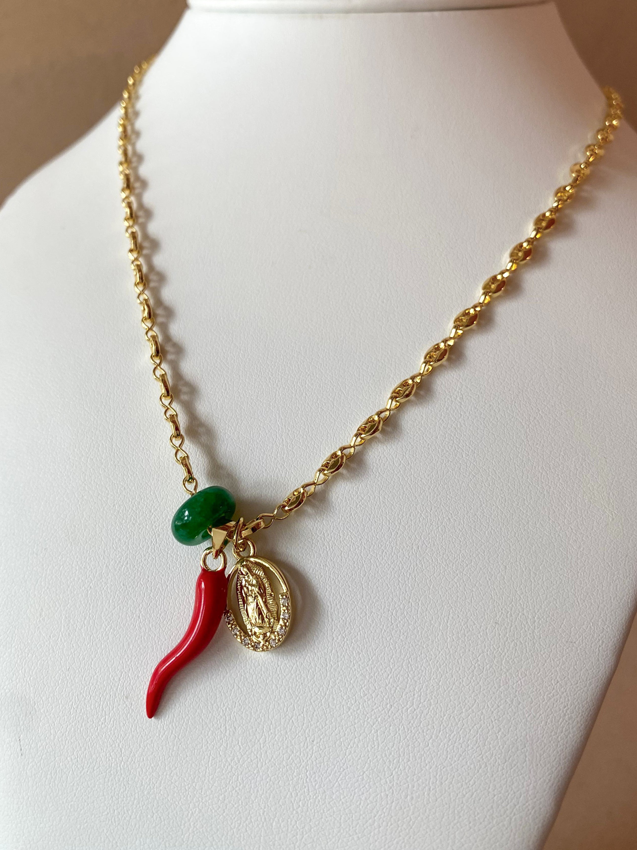 Guadalupe Virgin, Red Horn and Green Stone in Coffee Grain Necklace