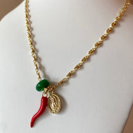 Guadalupe Virgin, Red Horn and Green Stone in Coffee Grain Necklace