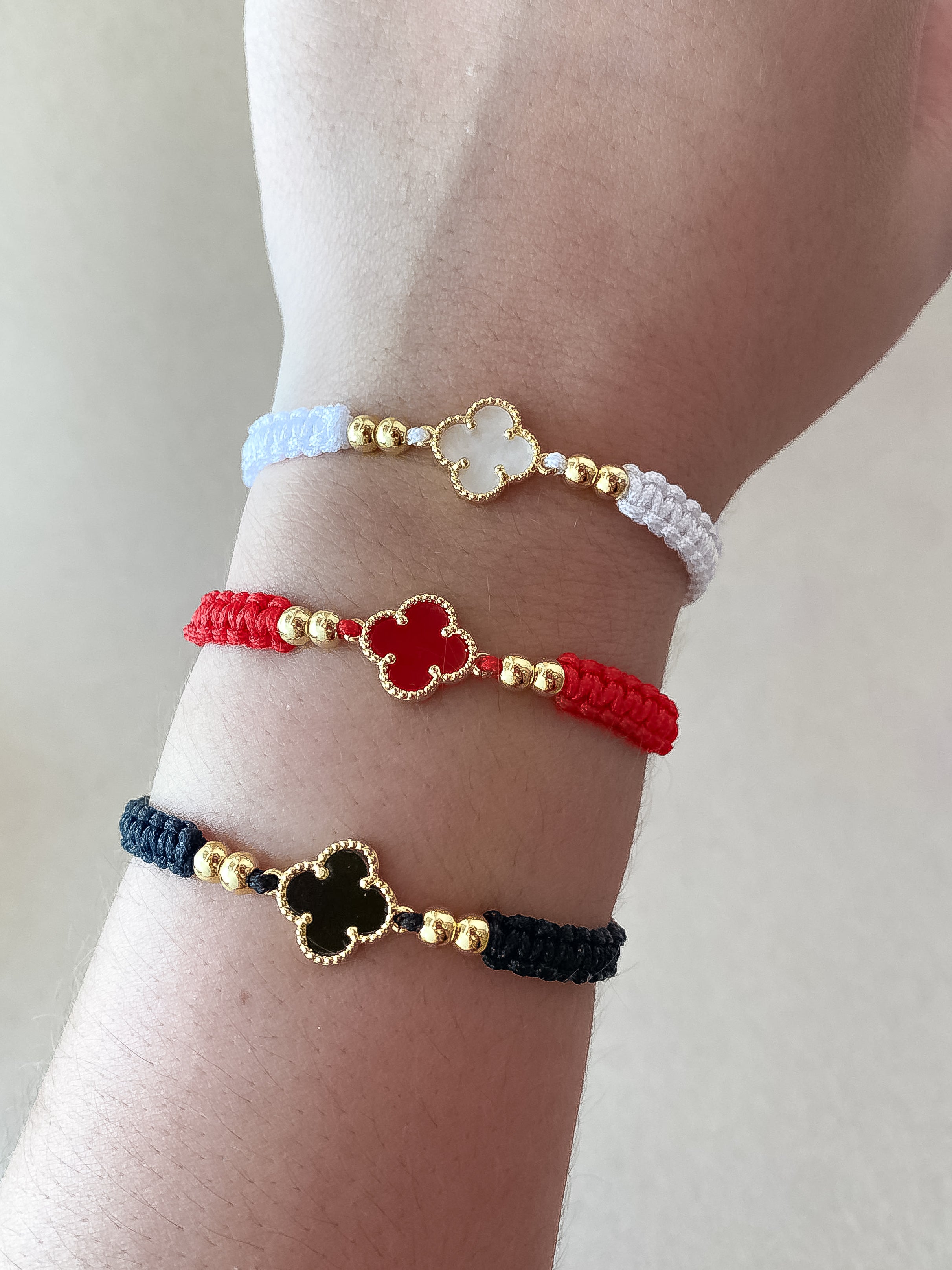 White, Red and Black Clovers Thread Adjustable Bracelets