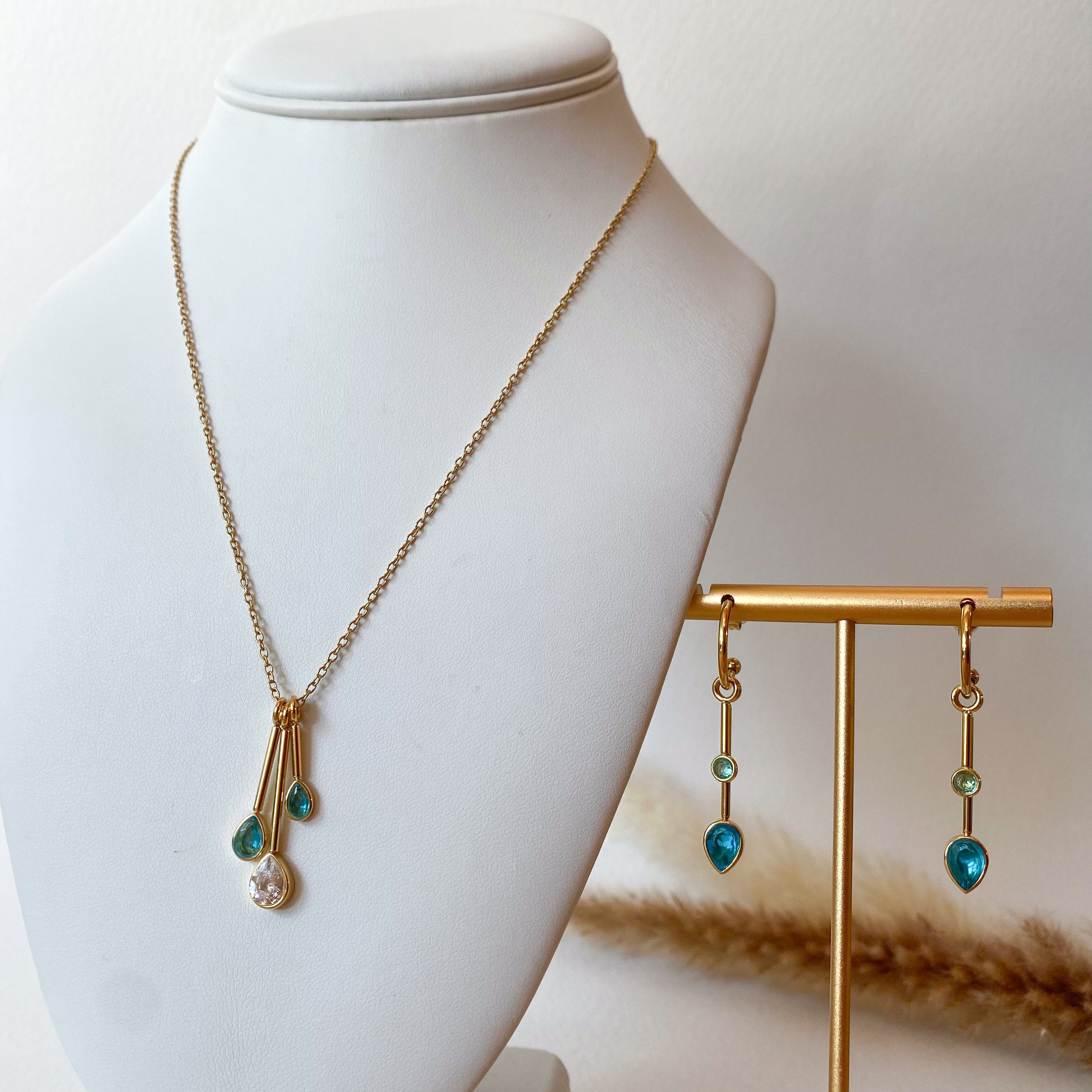 Blue Drop Crystals Steel Necklace or Hoops