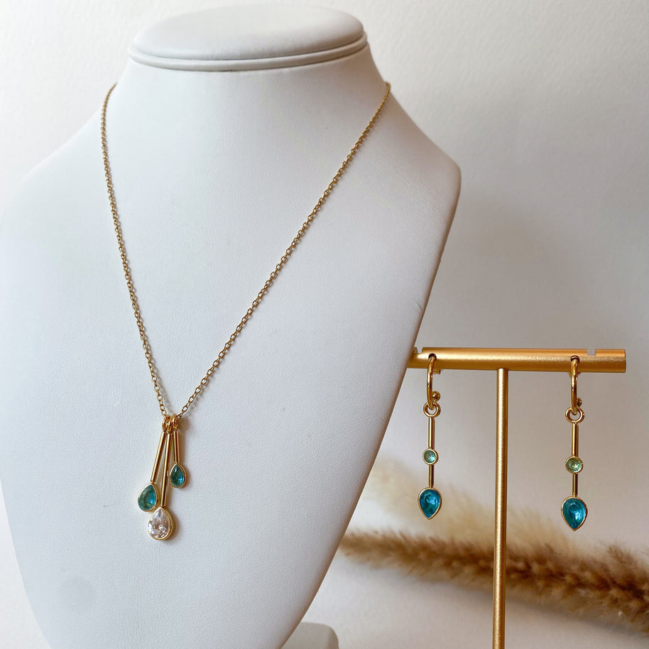 Blue Drop Crystals Steel Necklace or Hoops
