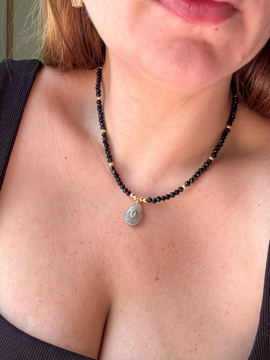 Gray Moonstone Charm in Black Crystal Necklace