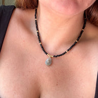 Gray Moonstone Charm in Black Crystal Necklace