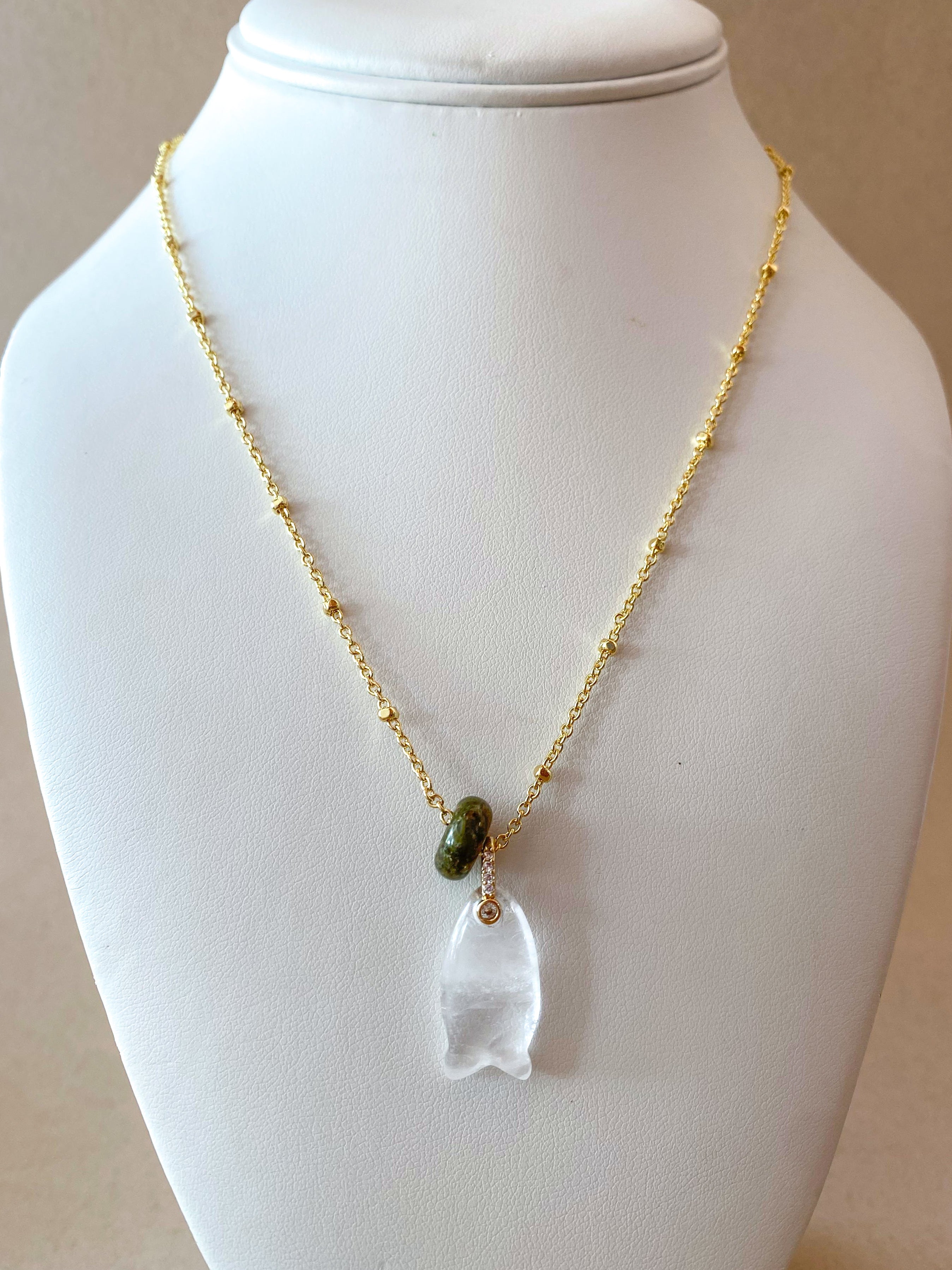 Clear Quartz Fish and Turkish Stone Necklace