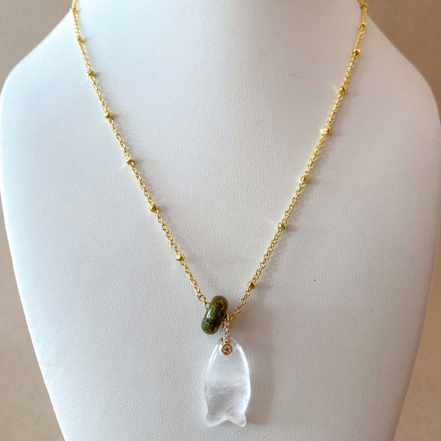 Clear Quartz Fish and Turkish Stone Necklace