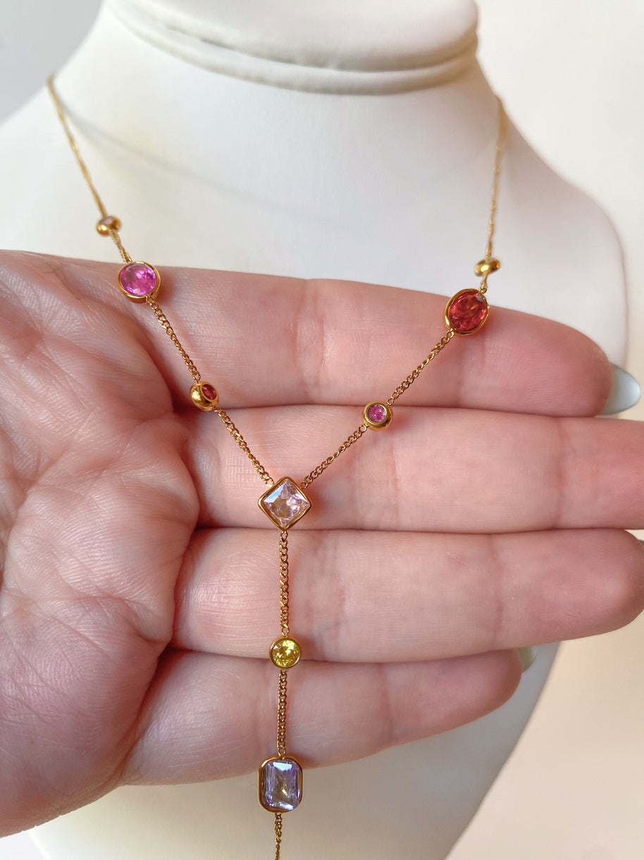 Multi-Gemstone Y Style Steel Necklace