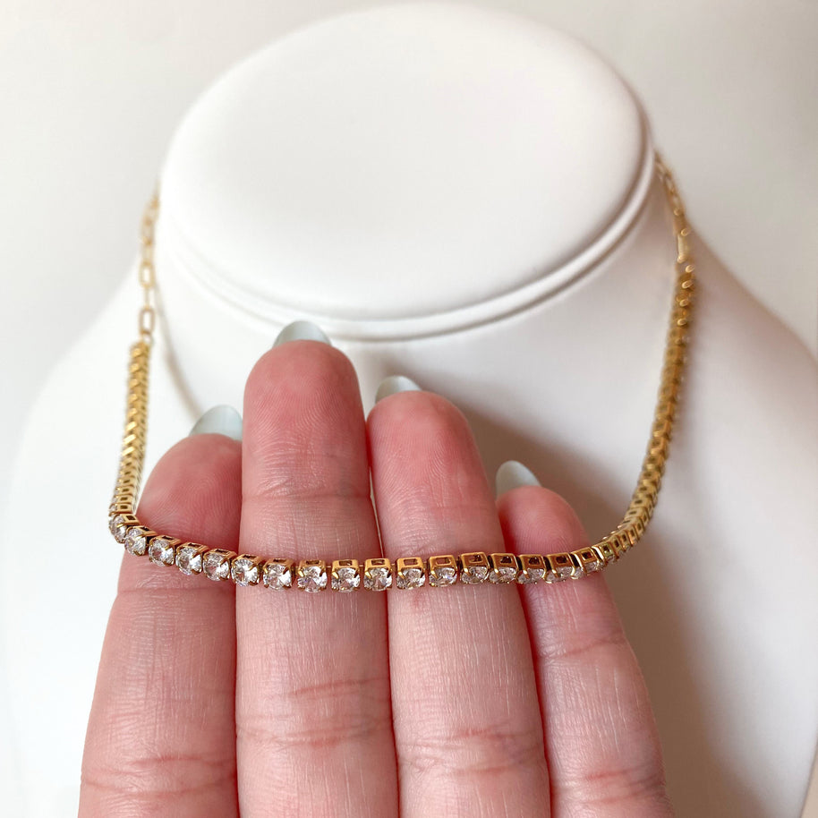 Tennis Zircon Golden Paperclip Steel Necklace