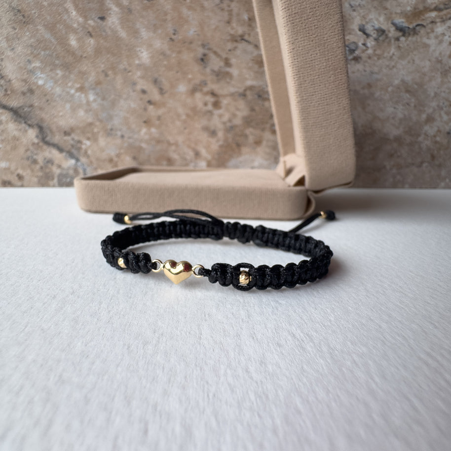Little Heart 18K Solid Gold Black String Bracelet