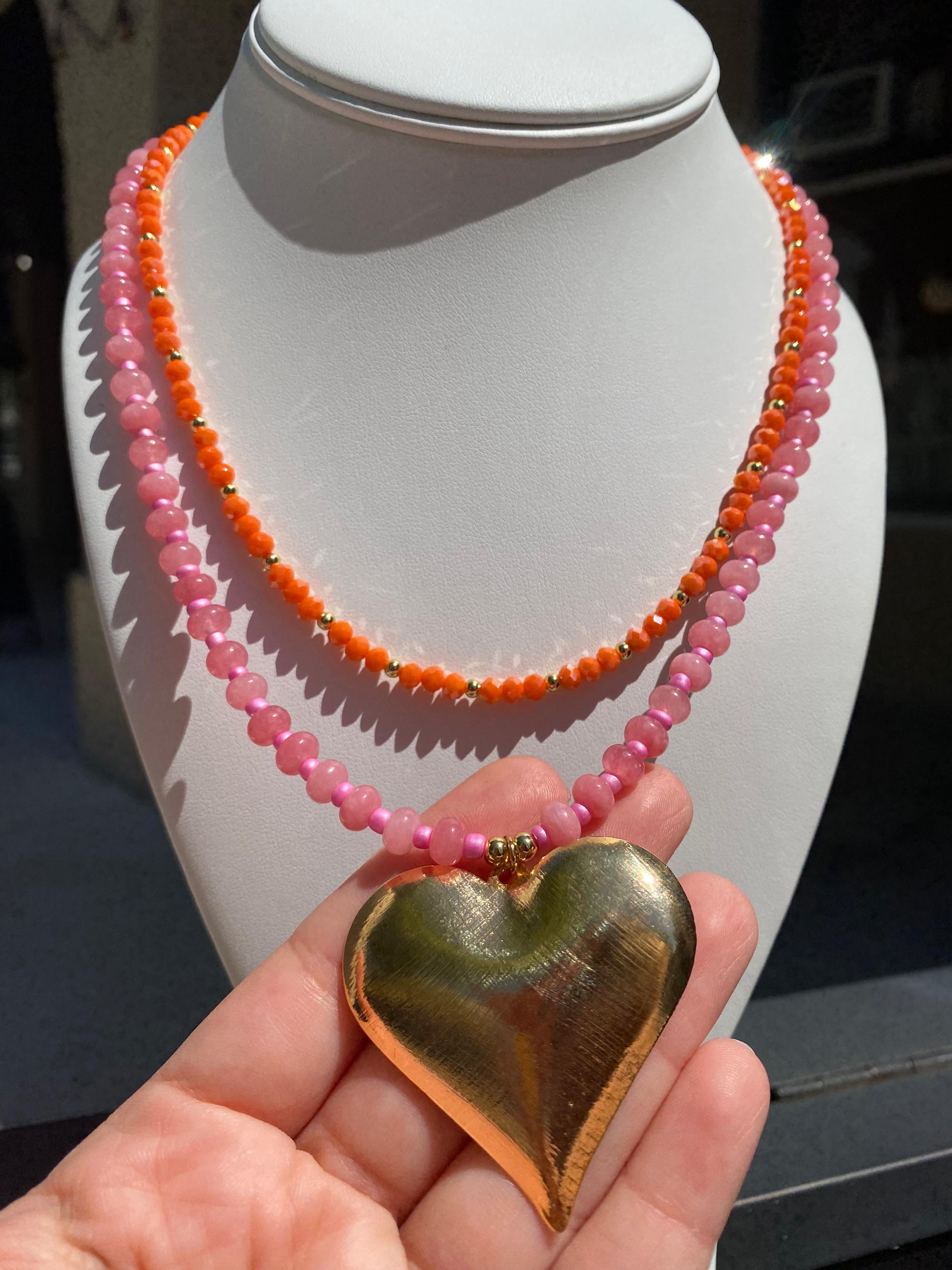 Pink Big Heart & Orange Crystal Necklace