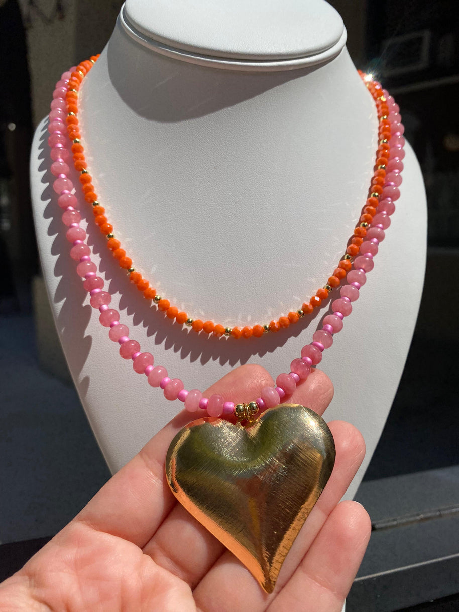 Pink Big Heart & Orange Crystal Necklace