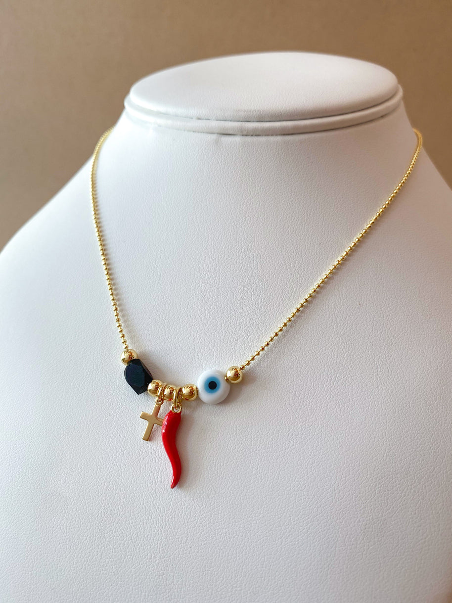 Liitle Cross, Red Horn, Evil Eye and Azabache Style Necklace