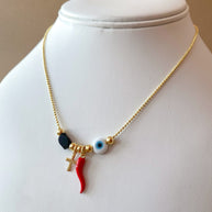 Liitle Cross, Red Horn, Evil Eye and Azabache Style Necklace