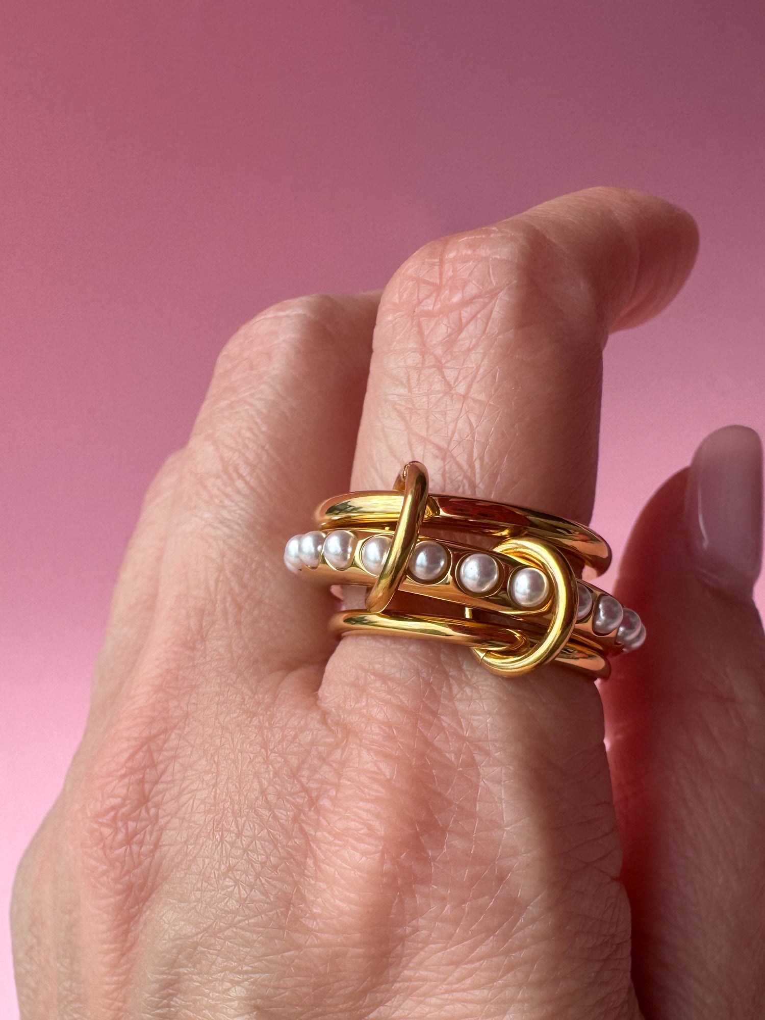 3 Layers Golden Pearls Steel Ring
