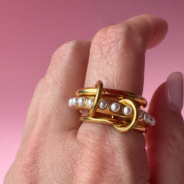 3 Layers Golden Pearls Steel Ring