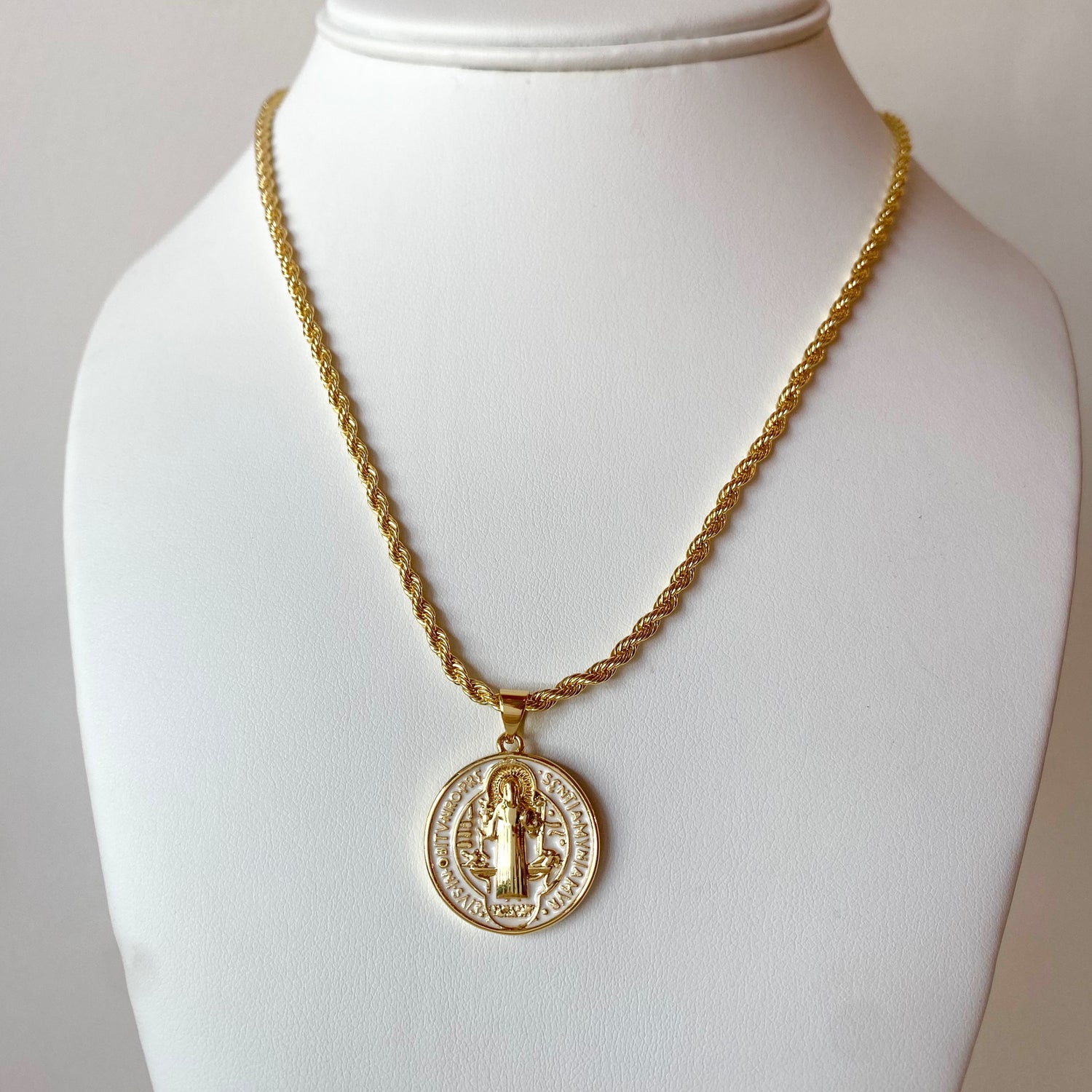 White and Gold St Benedict Rope Style Necklace