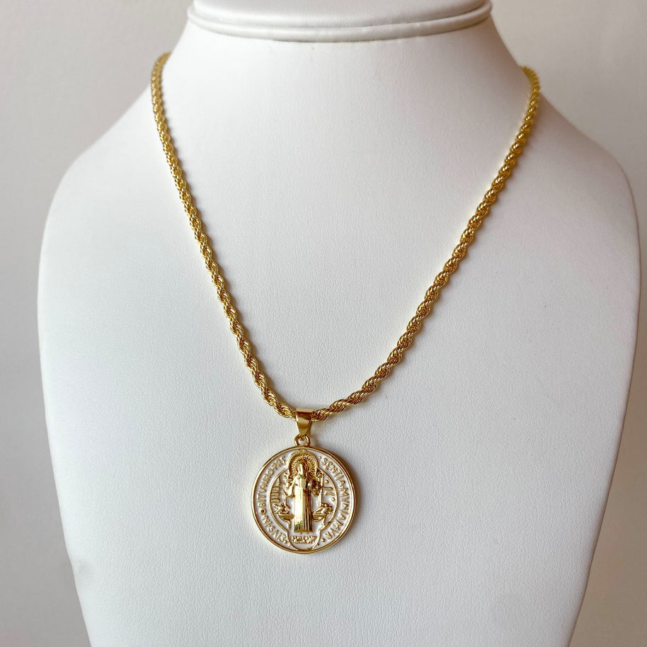 White and Gold St Benedict Rope Style Necklace