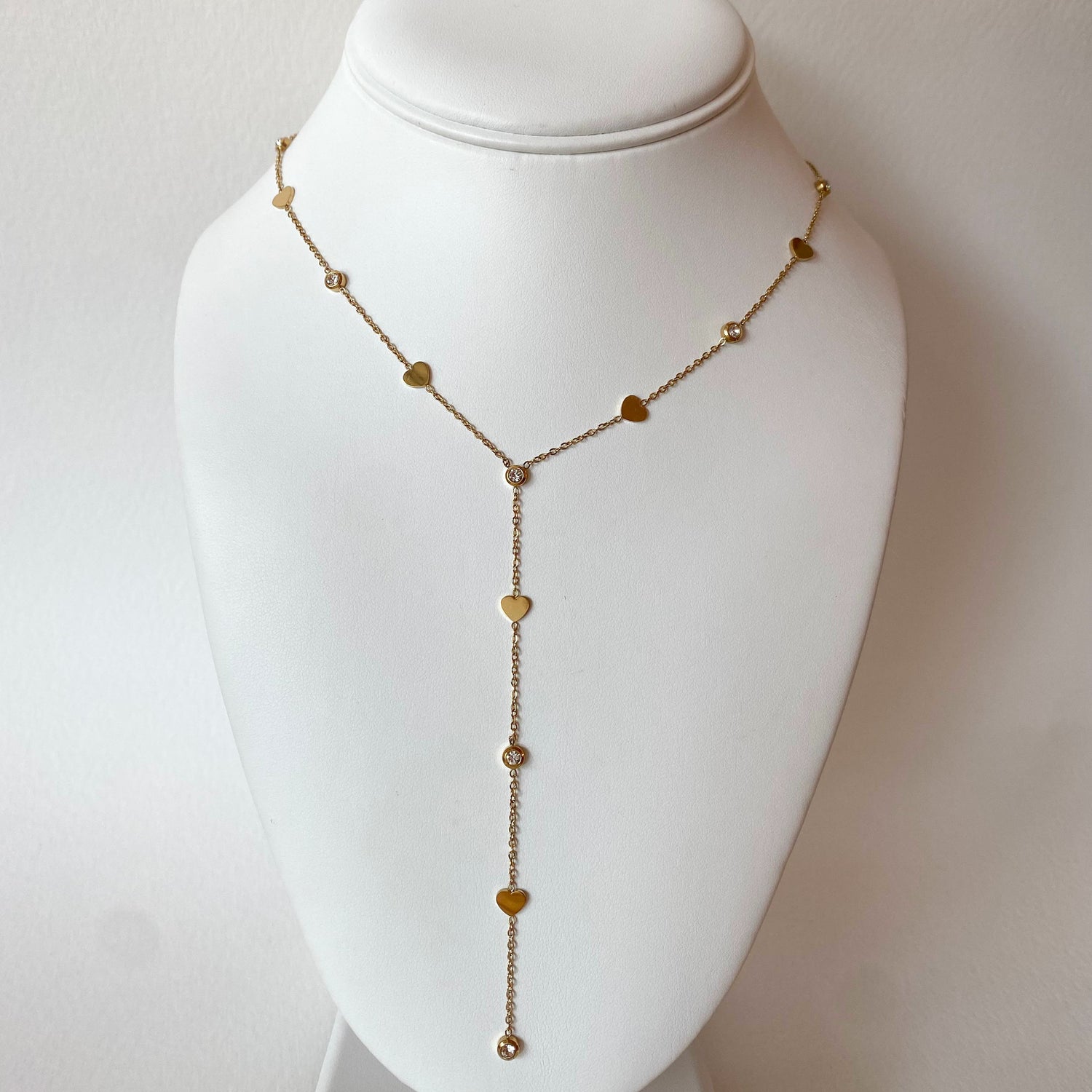 Golden Steel Little Hearts & Zircons Y Necklace