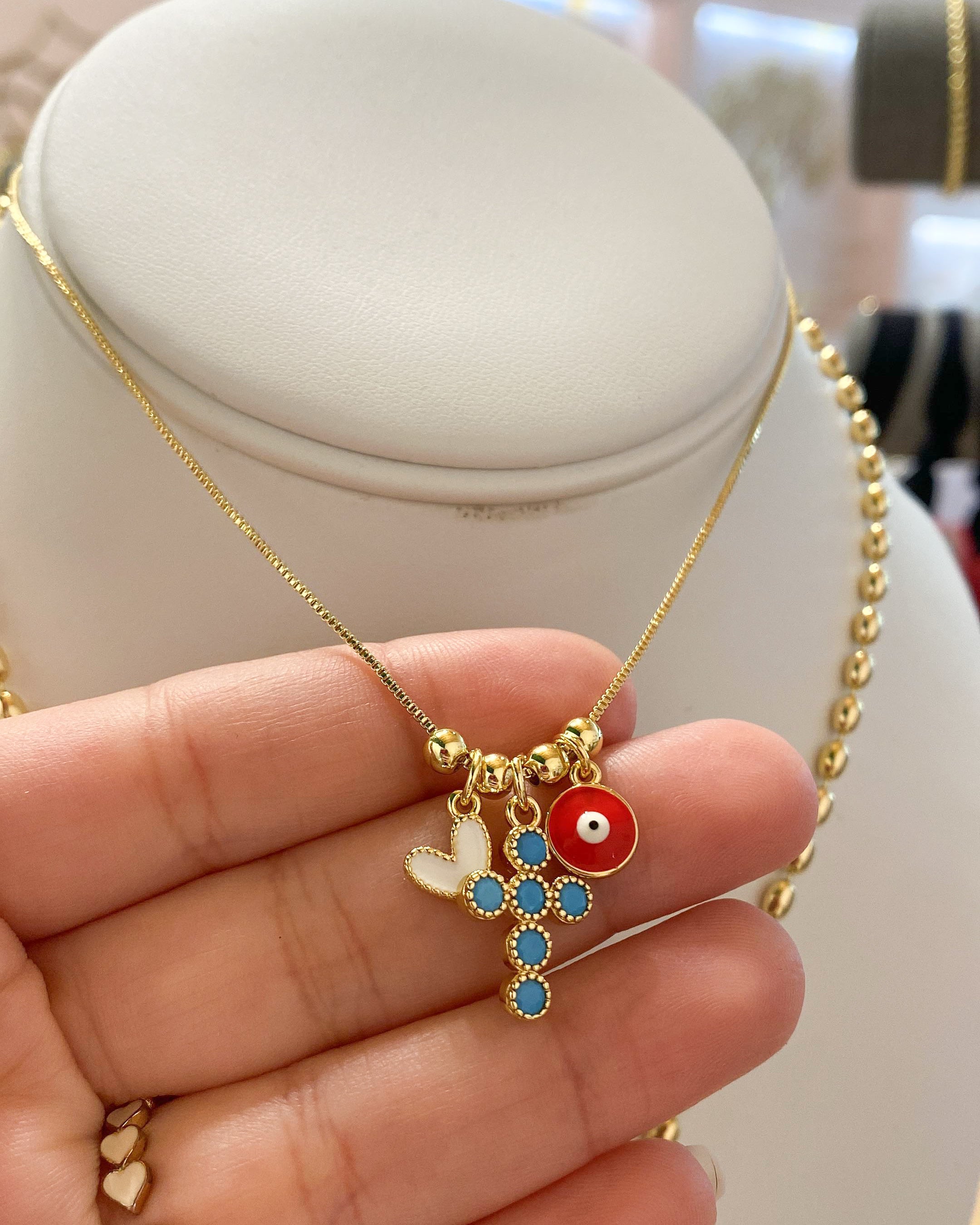 Chain Cross heart evil eyes